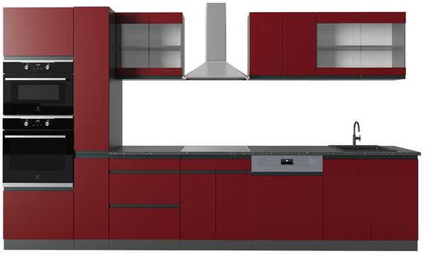 Küchenzeile R-Line Rot/Anthrazit 350 cm J-Shape, mit Hochschrank, ohne Arbeitsplatte Vicco