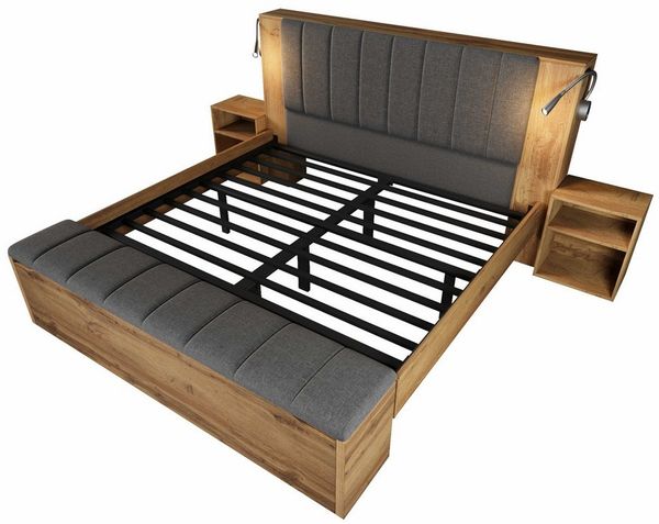 BlingBin Massivholzbett Doppelbett Holzbett 160/180 x 200 (Polsterkopfteil Leinen, Metallrahmen, Stauraumbett ohne Boxspring, Schlafzimmerbett, 1-tlg, 160x200 cm mit LED Leselampe & USB), Bettgestell Holzoptik Eiche mit Nachttischen und Bettbank
