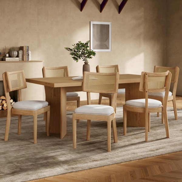 Massivholz Stuhl Set mit Rattan Rückenlehne & Leinenkissen, modernes Naturmöbel 4er Set Esszimmerstuhl Wohnzimmer
