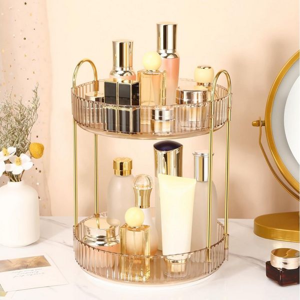 BlingBin Organizer 360° Drehbarer Make-up Organizer mit 2 Ebenen Kosmetik Aufbewahrung (1er Set, 1 St, Doppellagiger Kosmetik Organizer), Badezimmer Organizer mit großer Kapazität für Parfüm,Skincare,Kosmetik