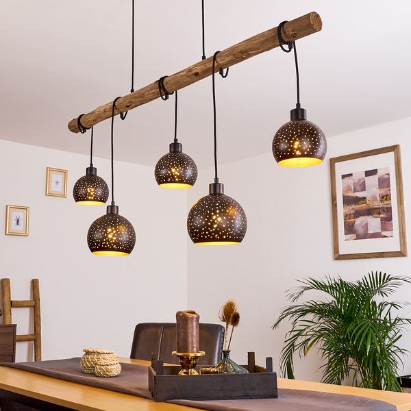 hofstein Pendelleuchte »Nave« 5-flammige Deckenlampe aus Metall in schwarz und kupferfarben, ohne Leuchtmittel, Vintage Look Pendellampe mit Holz in Natur, 5xE27