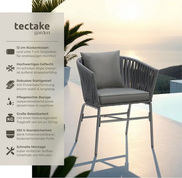 tectake Gartenstuhl Balkonstuhl im Rope-Design, Belastbarkeit je 120 kg, 60 x 61 x 77 cm (Terrassenstuhl Valeiras für Außen in Dunkelgrau/Dunkelgrau, 6 St), höhenverstellbare Füße, abnehmbare Polyesterbezüge, Dicke Sitzpolster