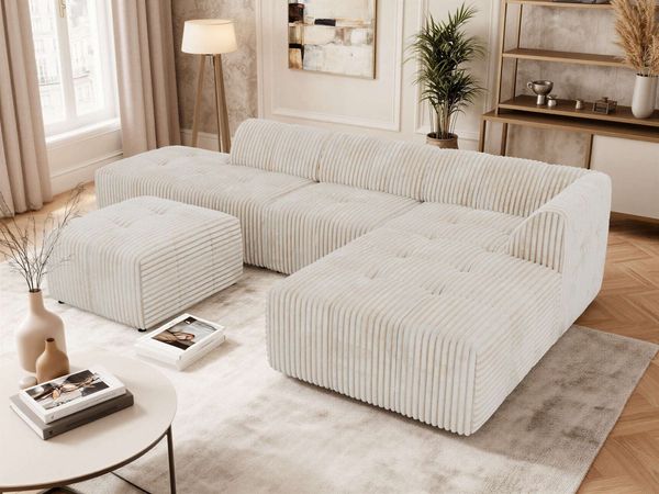 Modulares Ecksofa mit Hocker GRIDA 4M L Wohnlandschaft, Wellenfedern, gesteppte Sitzfläche, Wohnzimmer Sofa L-form - Beige Cord - Rechts