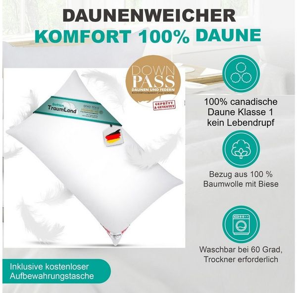 Canada Daunenkissen Daunenkissen Canada 100% Daune ohne Federchen Klasse 1, Füllung: Daune, Klasse 1, Bezug: 100% Baumwolle, Bauchschläfer, Seitenschläfer, Rückenschläfer, weiches Daunenkissen ohne Stützkraft
