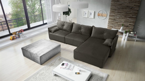Ecksofa mit Schlaffunktion HUNTER in Stoff Royal Dunkelgrau Ottomane Rechts
