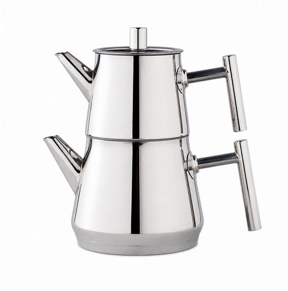 English Home Caydanlik-Teekanne New Aden Teekanne aus Stahl (Caydanlık) 0,75-1,75 l Silber, 2.5 l, (0.75 L + 1.75 L, 2-St, 2-teilig (Unterkessel + Teekanne), 2-teiliges Edelstahl-Çaydanlık-Set, Silver, alle Herdarten