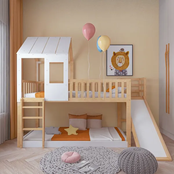 Etagenbett Kinderbett mit 2 Schlafgelegenheiten, Trittleiter, Rutsche, Lattenrost und Rausfallschutz, 90x200 cm, Hausbett, Holzbett