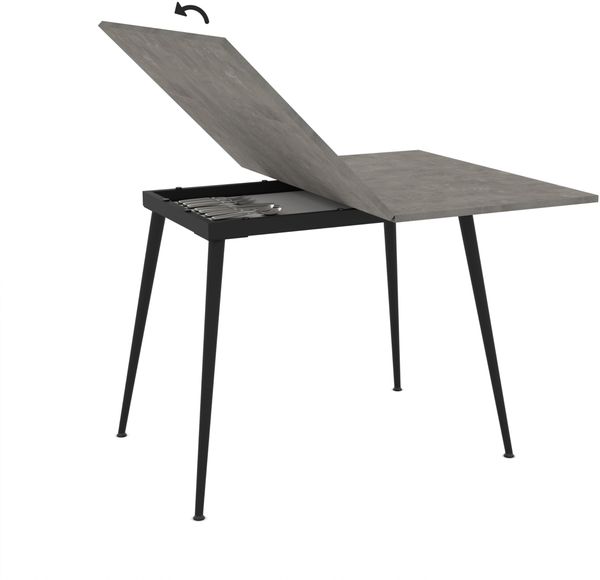 Hela Tische, Esstisch Klapptisch Beja, Dekor Beton dunkel mit Staufach, Rundrohr Füße konisch mit Arretierung, Maß 60-120x90 cm