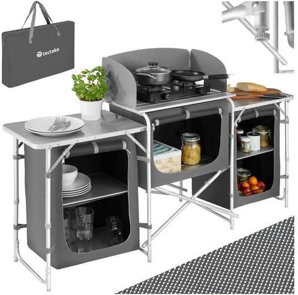tectake Campingtisch Campingküche XXL mit Aluminiumgestell und 5 Fächern (1-St, 1 tlg), Vielseitige Aufbauküche mit Aluminiumgestell