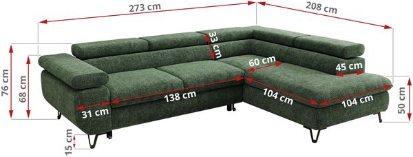 MKS Möbel 'Pablo L-Form' Ecksofa mit Schlaffunktion, verstellbare Kopfstützen, Dunkelgrün, Schenille grob, ohne Topper, Links Bild 6