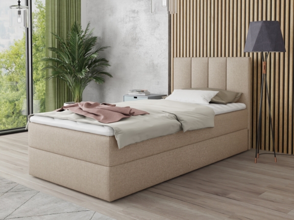 Boxspringbett Star Mini mit Bettkasten, Bonell-Matratze und Topper - Einzelbett mit Matratzentopper, Polsterbett, Bett, Schlafzimmer, Jugendzimmer (Beige (Inari 22), 80x200 cm)