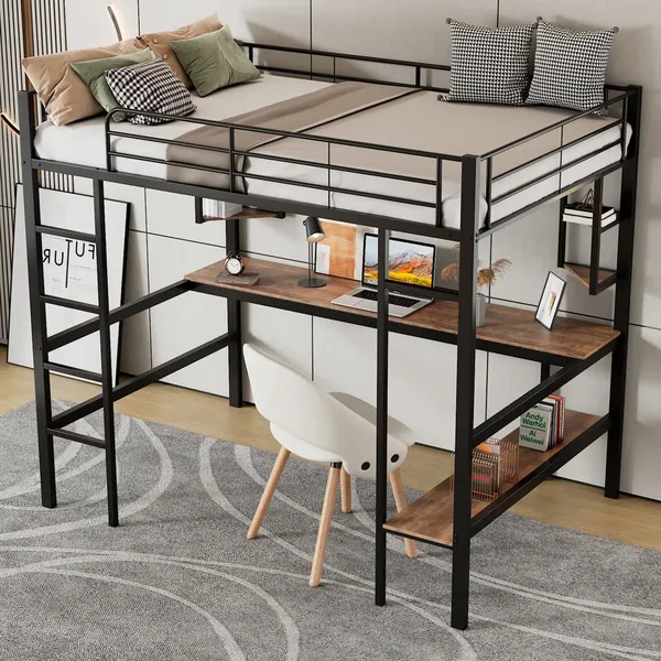 Hochbett mit Rausfallschutz, Schreibtisch, Regal, Leiter und Lattenrost, 90x200 cm, Metallbett, Jugendbett, Kinderbett