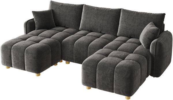 Merax L-/U-förmiges wandelbares Ecksofa, 5-Sitzer modulare Sofakombination mit 2 Hockern und Kissen, Chenille-Stoff, Cloud-Sofa, breite Armlehnen, grau Bild 9