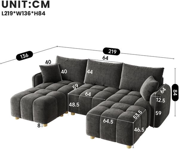 Merax L-/U-förmiges wandelbares Ecksofa, 5-Sitzer modulare Sofakombination mit 2 Hockern und Kissen, Chenille-Stoff, Cloud-Sofa, breite Armlehnen, grau Bild 4