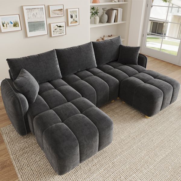 Merax L-/U-förmiges wandelbares Ecksofa, 5-Sitzer modulare Sofakombination mit 2 Hockern und Kissen, Chenille-Stoff, Cloud-Sofa, breite Armlehnen, grau