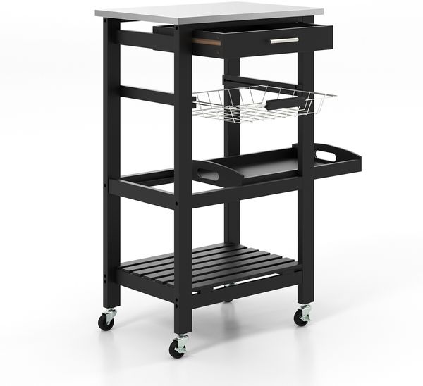 Kleiner Küchenwagen Servierwagen auf Rollen Küchenregal mit Arbeitsplatte aus Edelstahl 47 x 39 x 85 cm Schwarz