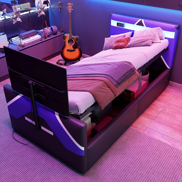 Polsterbett 90×200 cm mit LED, Bettkasten und TV-Halterung, Schwarz, ohne Matratze