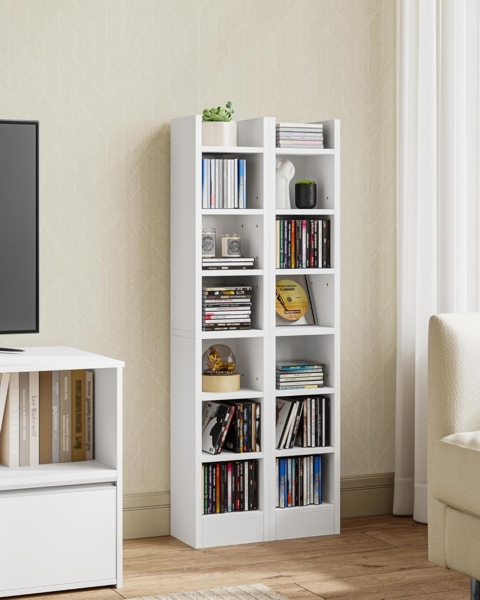 CD Regal, 14-Stufiges Offenes CD-Ständer, Zweiteiliges Medienregal, Standregal, Ständer oder Vitrine, für Wohnzimmer, Arbeitszimmer, 17 x 20 x 213 cm, Weiß