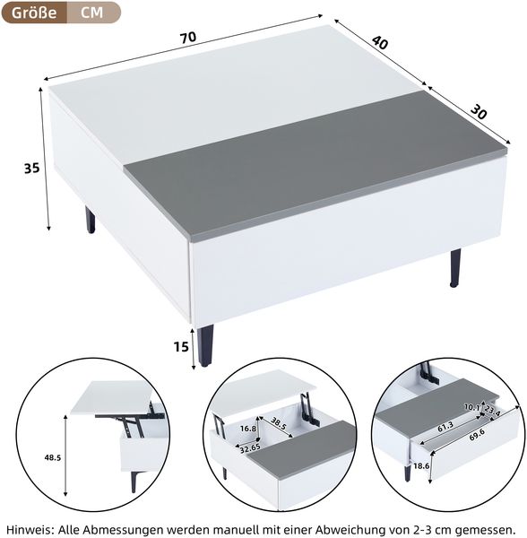 Couchtisch mit LED, höhenverstellbarer Platte & Stauraum, 70x70x35 cm, weiß/grau Bild 9