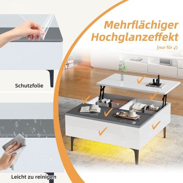 Couchtisch mit LED, höhenverstellbarer Platte & Stauraum, 70x70x35 cm, weiß/grau Bild 7