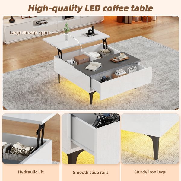 Couchtisch mit LED, höhenverstellbarer Platte & Stauraum, 70x70x35 cm, weiß/grau Bild 5