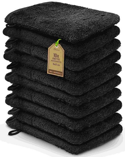 NatureMark Waschhandschuh 10er-Set Frottier Waschhandschuhe, 100% Baumwolle (10-St), Premium Frottier Waschhandschuhe, 15x21cm, Schwarz