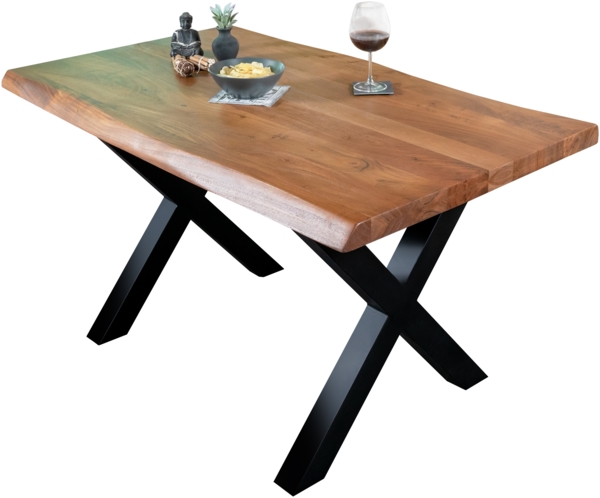 Esstisch Baumkante massiv Akazie Nussbaum 140 x 80 X-Gestell schwarz CALI 113361856
