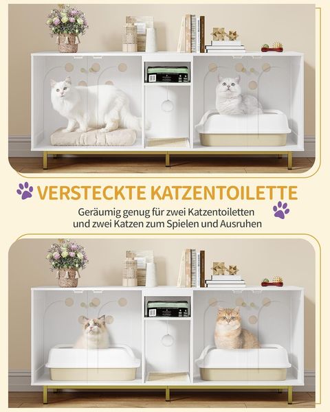 Katzenschrank für 2 Katzen, Katzenklo Schrank, Katzenhaus Versteckt mit Doppelräumen, Mit Stauraum, Plüschbälle, Kann als Fernsehschrank, 140 x 48 x 62 cm, Weiß und Gold Bild 8