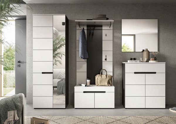 Home affaire Garderoben-Set REHAT, TOPSELLER!, 5-teilig, Breite 255cm, individuell erweiterbar, (Set, 5-St, bestehend aus: Garderobenschrank, Sitzbank, Paneel, Spiegel, Kommode), Garderobenkombination, Kombination, Set, Flurgarderobe, Diele