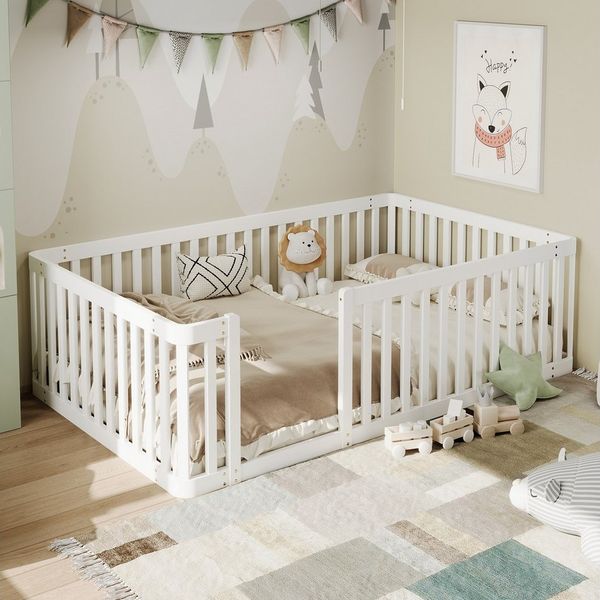 Flieks Kinderbett, Massivholzbett Bodenbett 90x200cm mit Zaun ohne Lattenrost