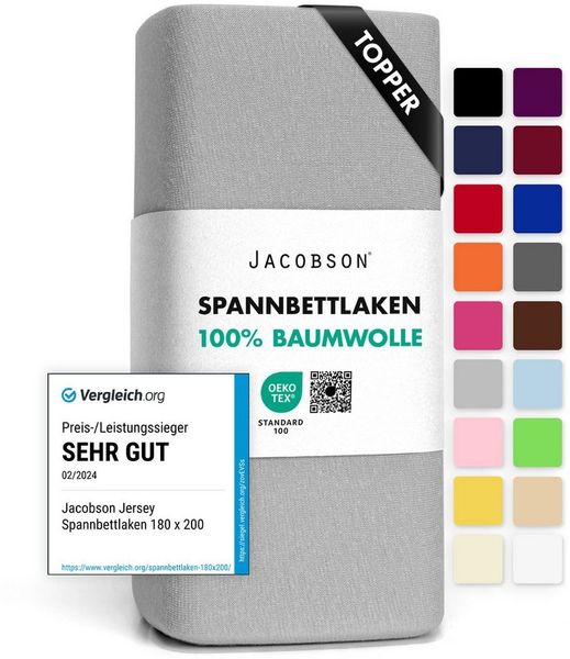 Jacobson Spannbettlaken TOPPER aus 100% Baumwolle, Jersey Bettlaken 160 g/m², Spannbetttuch mit Gummizug, pflegeleicht & viele Farben