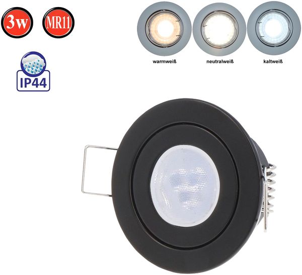 LED Line IP44 Einbaustrahler Set GU4 MR11 Leuchte Spot Einbaurahmen Wasserdicht Lampe Rund Schwarz aus Aluminium mit GU5.3 Fassung 3W Leuchtmittel Kaltweiß