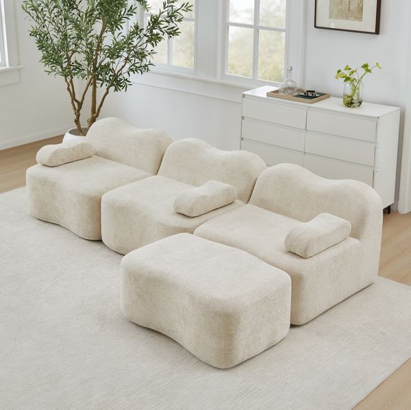 Modulares Ecksofa 70cm×288cm×167cm 3-Sitzer in L-Form mit Ottoman – Samtbezug in Beige