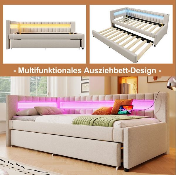 OKWISH Schlafsofa Kinderbett Stauraumbett, mit Ausziehbett, LED-Lichtleiste mit Fernbedienung am Bettende, USB & Typ-C Ladeanschluss, Tagesbett aus Leinen 90x200 cm, ohne Matratze
