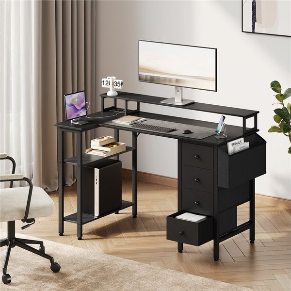 Yaheetech Computertisch L-förmiger Schreibtisch 120/140cm (B), mit Monitorhalterung & Steckdose & 4 Schubladen & Aufbewahrungstasche