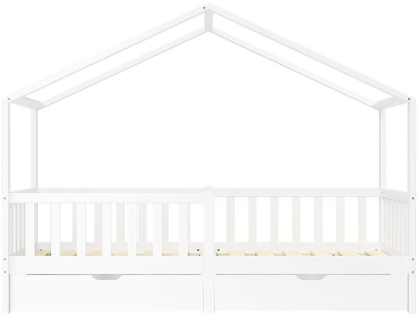 Bellabino 'Bia' Hausbett 80x160 cm mit Matratze und 2 Schubladen, weiß, Kiefer Massivholz, Montessori Kinderbett mit Stauraum, inkl. Rausfallschutz und Lattenrost Bild 10