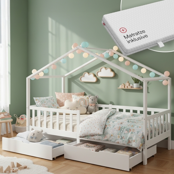 Bellabino 'Bia' Hausbett 80x160 cm mit Matratze und 2 Schubladen, weiß, Kiefer Massivholz, Montessori Kinderbett mit Stauraum, inkl. Rausfallschutz und Lattenrost
