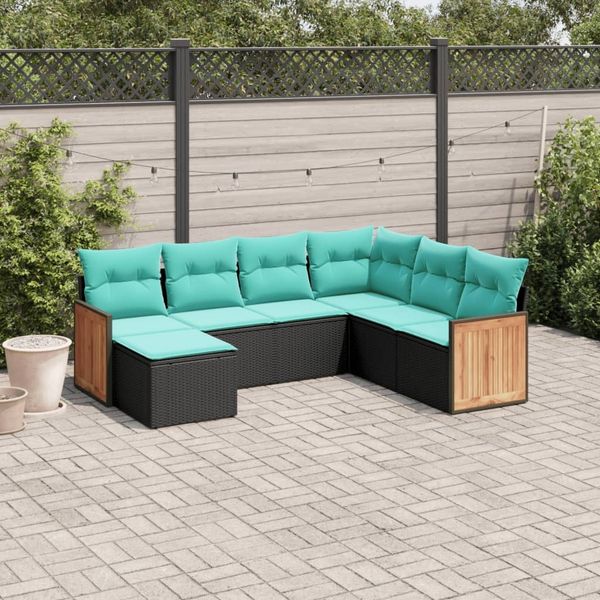 vidaXL 7-teiliges Gartensofa-Set mit Kissen, schwarzes Polyrattan 3227884