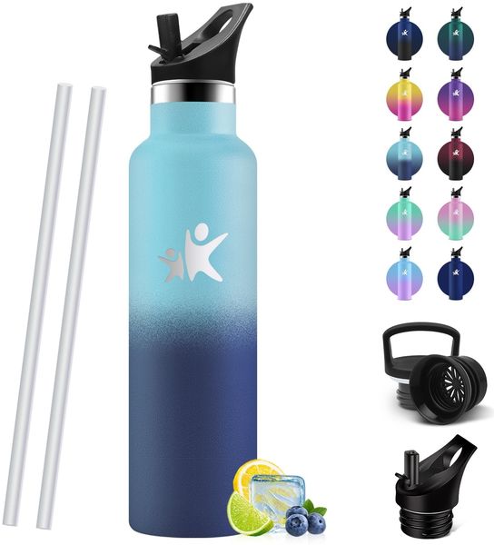 HoneyHolly Trinkflasche 750ML, BPA-Frei, Trinkflasche Edelstahl, Auslaufsichere Isolierflasche Doppelwandig, Wasserflasche, mit Strohhalm, 18/8 Edelstahl, Thermosflasche-Seegrün Hellviolett