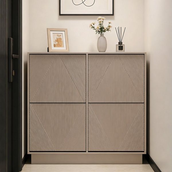 UEV Schuhschrank mit 4 Klappen schmal Schuhkommode mit Kippschutz Drucktüröffner (Packung, 99x24x91cm Moka/Grün) Drucktüröffner Verstellbare Trennwände für Verschiedene Schuhtypen