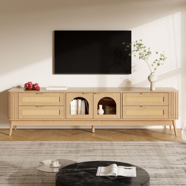 Merax TV-Schrank, mit gewölbten Einscheibensicherheitsglas-Türen, mit LED-Beleuchtung, Wohnzimmer Staurschrank mit Massivholzbeinen, Fernsehschrank mit vier Schub, Natur