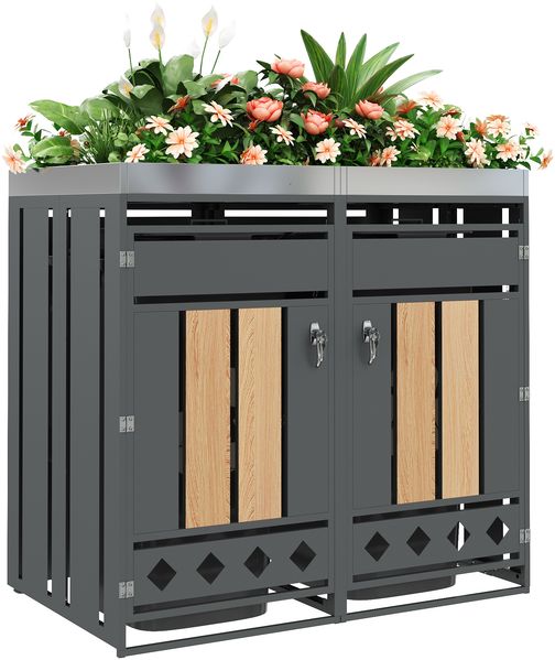 Mülltonnenbox , trash storage compartments,Abschließbar, Zwei Türen,Pflanzfläche,Türpaneel mit vertikaler Holzmaserung , Rautenförmiger Hohlsocke