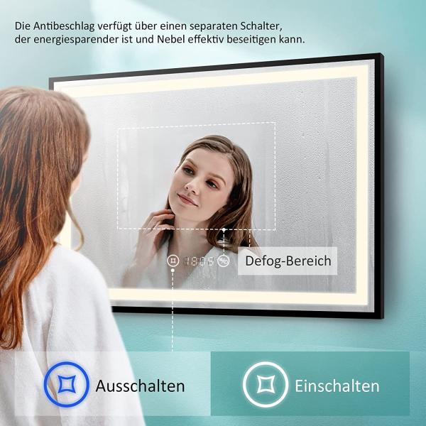 EMKE Badspiegel mit Beleuchtung 70x50cm Badspiegel Schwarzer Rand LED Badezimmerspiegel mit Touch, Antibeschlage, Uhr, Temperatur, Dimmbar, Memory-Funktion, Neutrale Beleuchtung Wandspiegel IP44 Bild 2