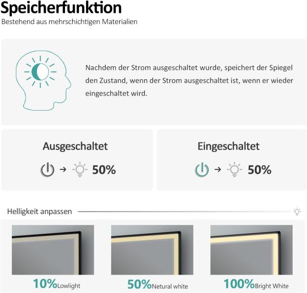 EMKE Badspiegel mit Beleuchtung 70x50cm Badspiegel Schwarzer Rand LED Badezimmerspiegel mit Touch, Antibeschlage, Uhr, Temperatur, Dimmbar, Memory-Funktion, Neutrale Beleuchtung Wandspiegel IP44 Bild 4
