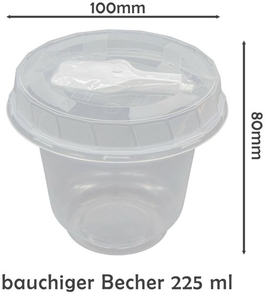 KVOTA Dessertschale Feinkostbecher 50St Becher und Löffel Bio bauchiger Becher 225 ml, lebensmittelfreundlicher Kunststoff, (50xBecher mit Deckel, 3-tlg)