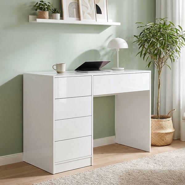 Bellamio 'Livny' Schreibtisch mit 5 Schubladen, beidseitig montierbar, weiß Hochglanz, 80x53x110 cm, Computertisch mit Stauraum, Bürotisch mit Push-to-open, geeignet als Schminktisch