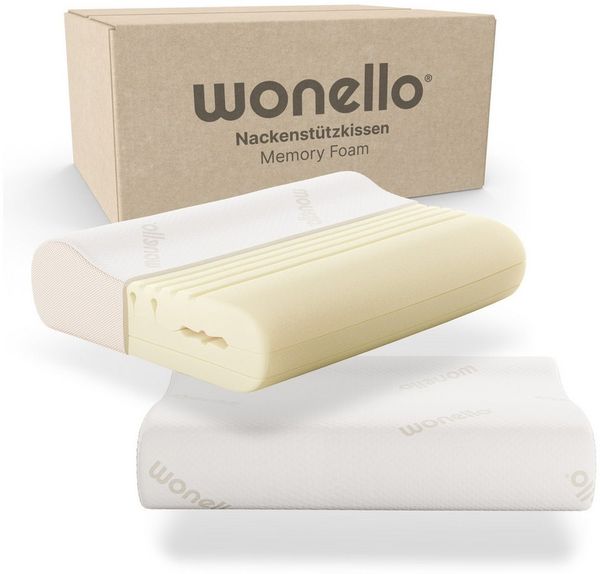 wonello Nackenstützkissen-Set Premium orthopädisches Kissen, Füllung: Memory Foam, Seitenschläfer, Rückenschläfer, Tencel Bezug waschbar bei 60°C, ergonomisches Nackenkissen härte- und höhenverstellbar