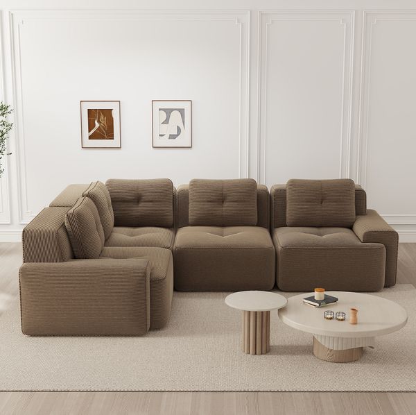 Ecksofa modular 69cm×382cm×104cm aus Cord in Braun – tiefes Sitzsofa ohne Aufbau mit rutschfestem Stand