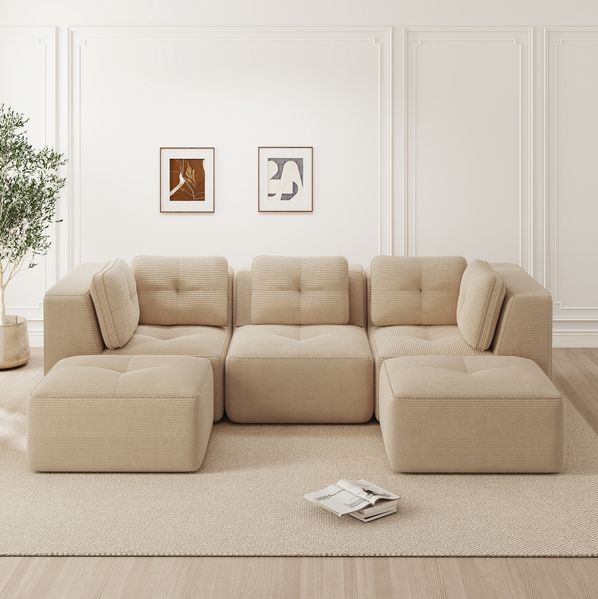 Ecksofa aus Cord, modular & tiefe Sitzfläche, 297 x 177 x 69 cm, Beige