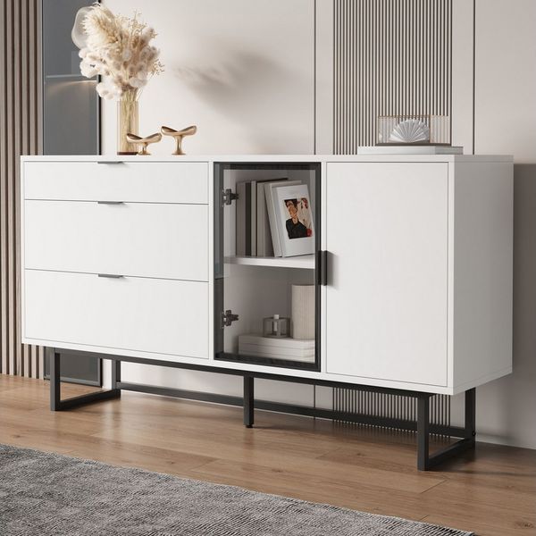 MODFU Sideboard Esszimmer-Schrank 160 x 78 x 36 cm mit LED (Packung, 1 St, Glastüren & 3 Schubladen, modernes Design), Stilvoller Aufbewahrungsschrank mit Beleuchtung